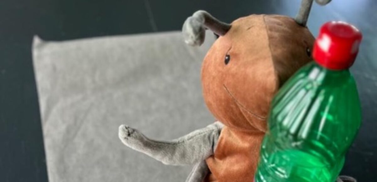 Fred, die (plüsch-)Ameise in der Kita, macht ein Experiment mit einem Ei und Essig